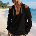 Herren lässiges Langarm-Henley-Shirt mit ausgefallenem Schnürdesign und kontrastrierenden Ellenbogen-Patches R&B