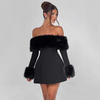 Damen Offshoulder-Kleid mit luxuriöser Futterverzierung und schwingendem Rock R&B