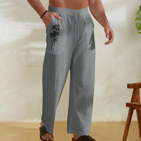 Herren Bequeme Leinenhose mit praktischem Kordelzug und Palmendruck R&B
