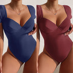 Damen Einteiler Badeanzug mit eleganten Trägern und sculpturalem V-Ausschnitt R&B