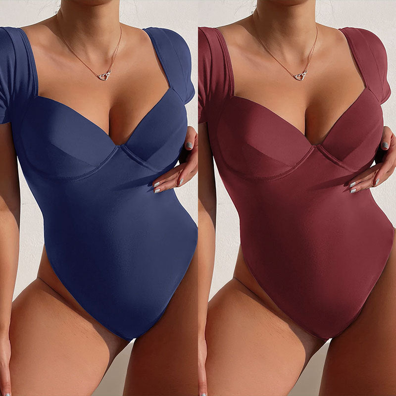 Damen Einteiler Badeanzug mit eleganten Trägern und sculpturalem V-Ausschnitt R&B
