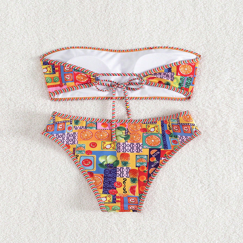 Damen Bandeau-Bikini mit fruchtigem Muster und dekorativen Kontrastnähten