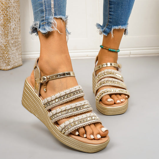 Damen Wedge-Sandalen mit glamourösem Riemchen-Design und hochwertiger Sohle R&B