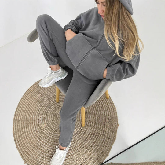 Damen sportliches Fleece-Set mit hohem Kragen und seitlichen Taschen R&B