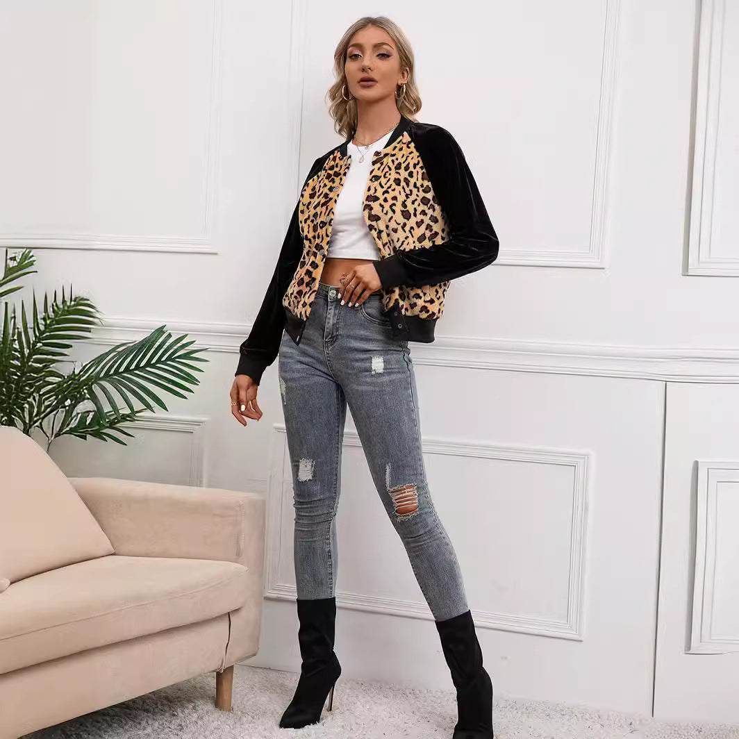 Damen elegante Bomberjacke mit Leopardenmuster und Veloursbesatz R&B