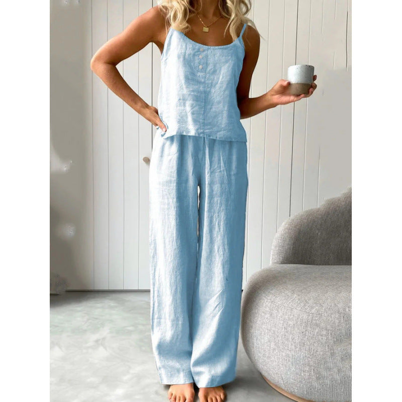 Damen lässiges Leinen-Set mit trägerloser Bluse und weiten Hosen R&B
