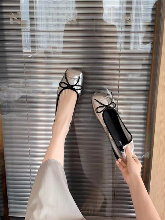 Damen elegante Ballerinas mit Schleifendetail und glänzender Schuhspitze R&B