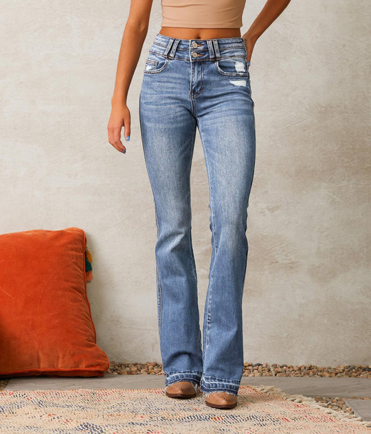 Damen Flared Jeans mit hohem Bund und modischem Destroyed-Effekt R&B