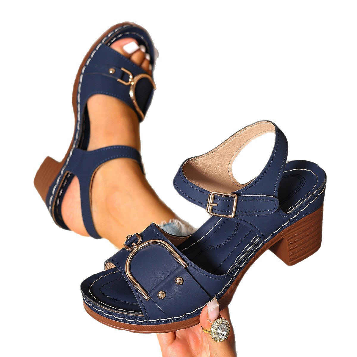 Damen modische Plateau-Sandalen mit eleganter Schnallenverzierung und ergonomischem Fußbett R&B