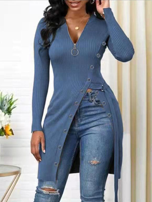 Damen figurbetontes Wickelshirt mit Knopfdetails und tiefem V-Ausschnitt R&B