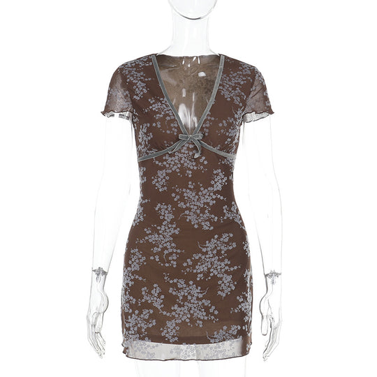 Damen sexy Mini-Kleid mit floralem Spitzenmuster und tiefem V-Ausschnitt R&B