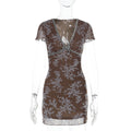 Damen sexy Mini-Kleid mit floralem Spitzenmuster und tiefem V-Ausschnitt R&B