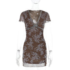 Damen sexy Mini-Kleid mit floralem Spitzenmuster und tiefem V-Ausschnitt R&B