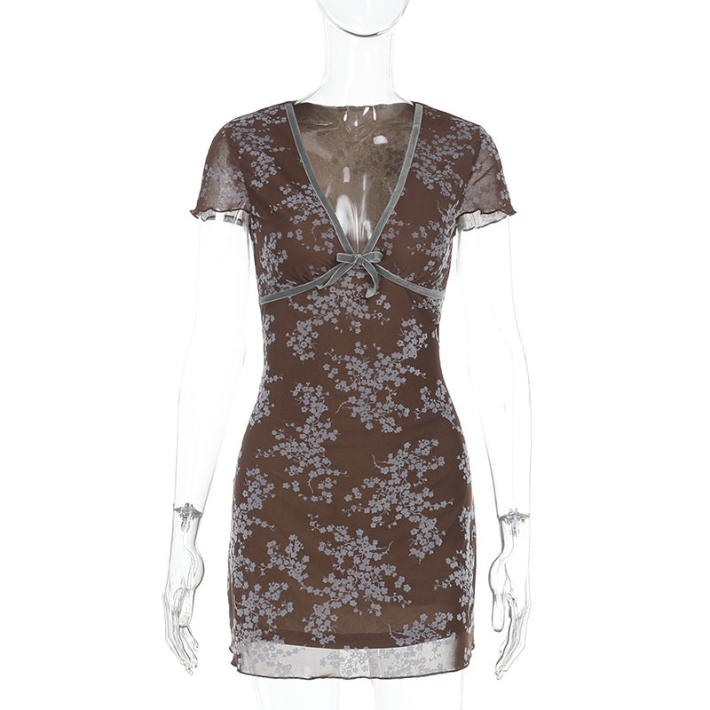 Damen sexy Mini-Kleid mit floralem Spitzenmuster und tiefem V-Ausschnitt R&B