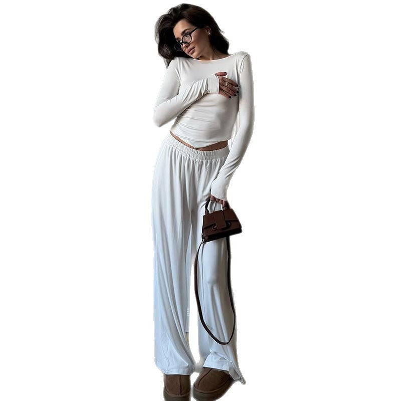 Damen Loungewear Set aus langärmligem Oberteil und weit geschnittenen Hosen R&B