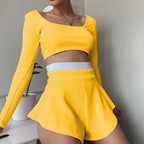 Damen sportliches Crop-Top und Short-Set mit weitem Saum R&B