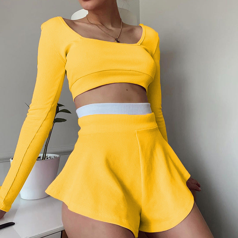 Damen sportliches Crop-Top und Short-Set mit weitem Saum R&B