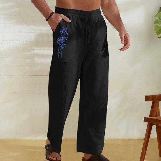 Herren Bequeme Leinenhose mit praktischem Kordelzug und Palmendruck R&B