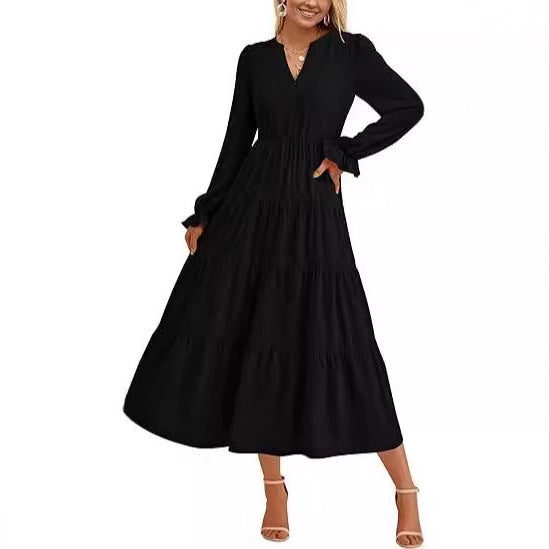 Damen Maxikleid mit knopfverzierter Front und voluminösen Ärmeln R&B
