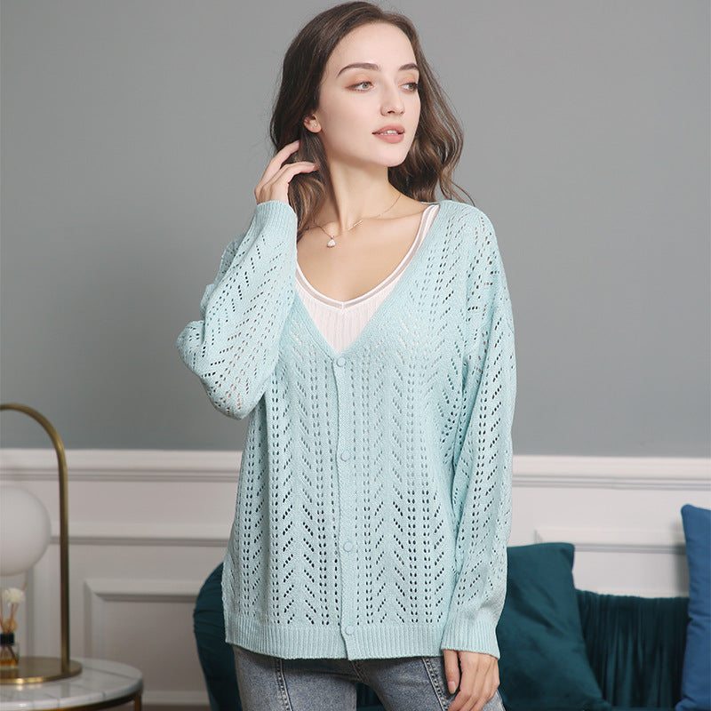 Damen Strickcardigan mit luftiger Lochmusterung und V-Ausschnitt