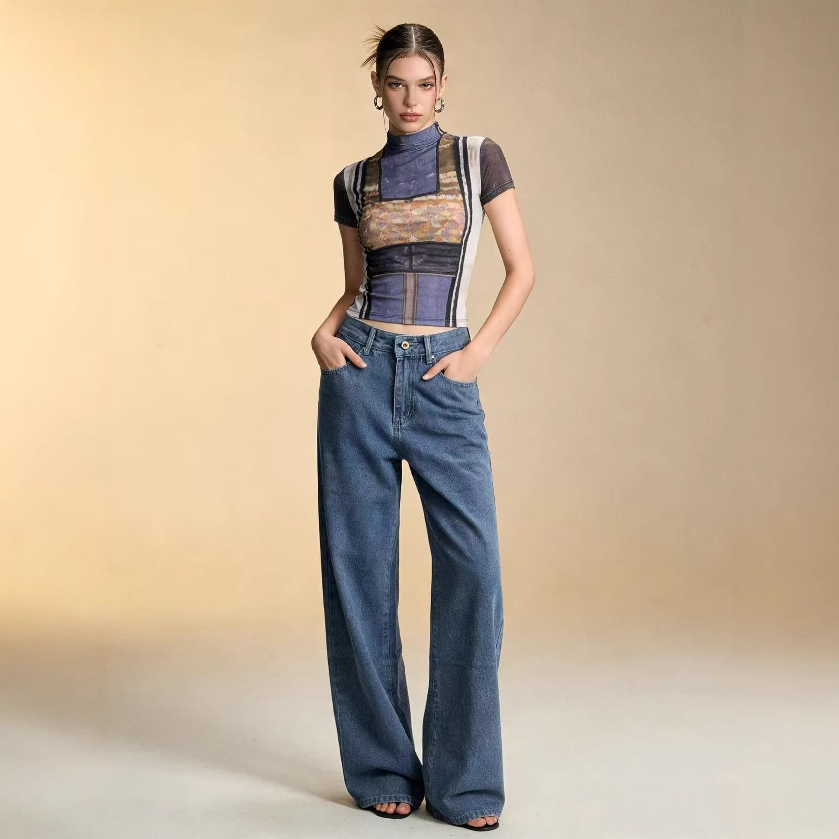 Damen Weite High-Waist Jeans im lässigen Denim-Look