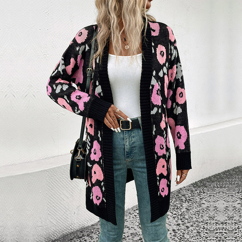 Damen Strickjacke mit floralem Muster und offenem Schnitt