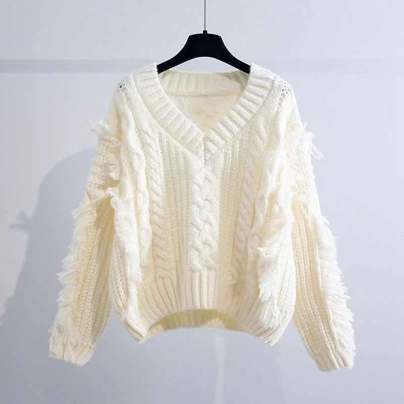 Damen Stylischer Strickpullover mit Fransen und Zopfmuster R&B