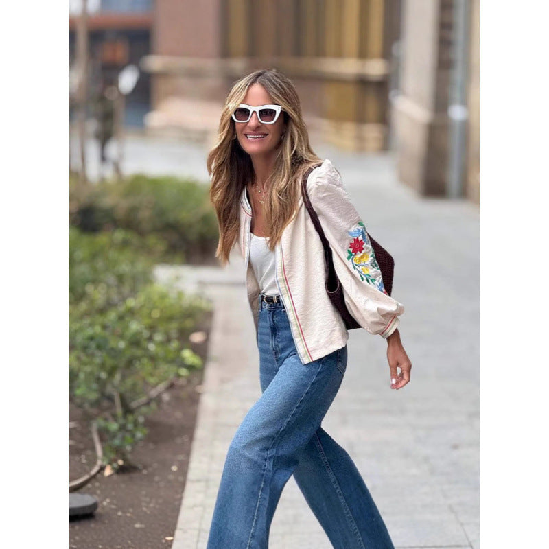 Damen Bluse mit bunten Stickereien und voluminösen Ärmeln R&B