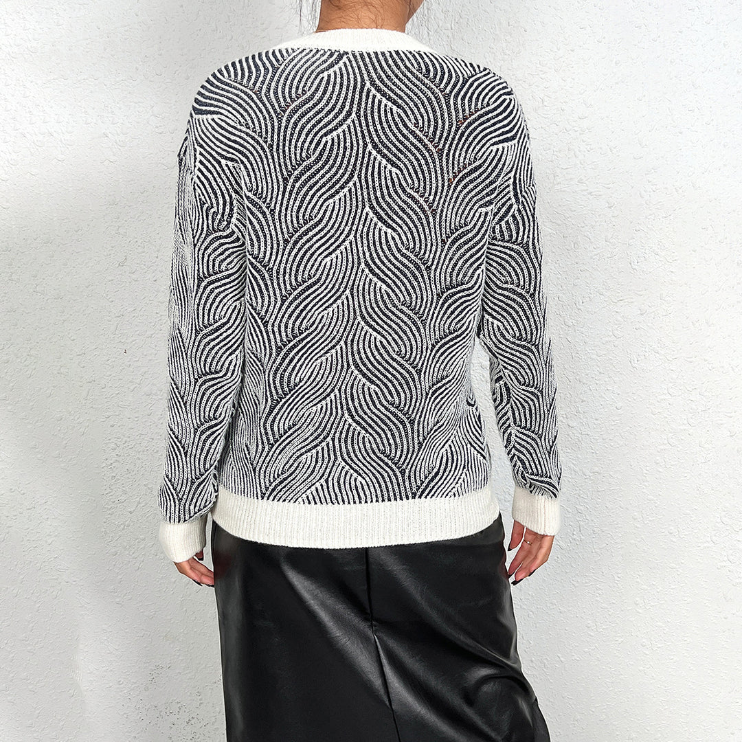 Damen Strickpullover mit Wellenmuster und V-Ausschnitt R&B