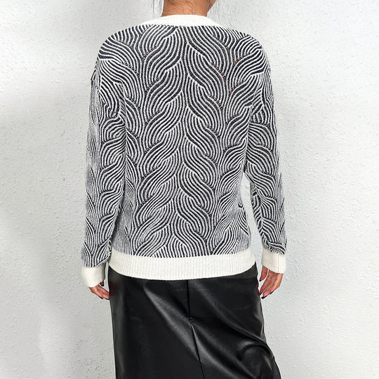 Damen Strickpullover mit Wellenmuster und V-Ausschnitt R&B