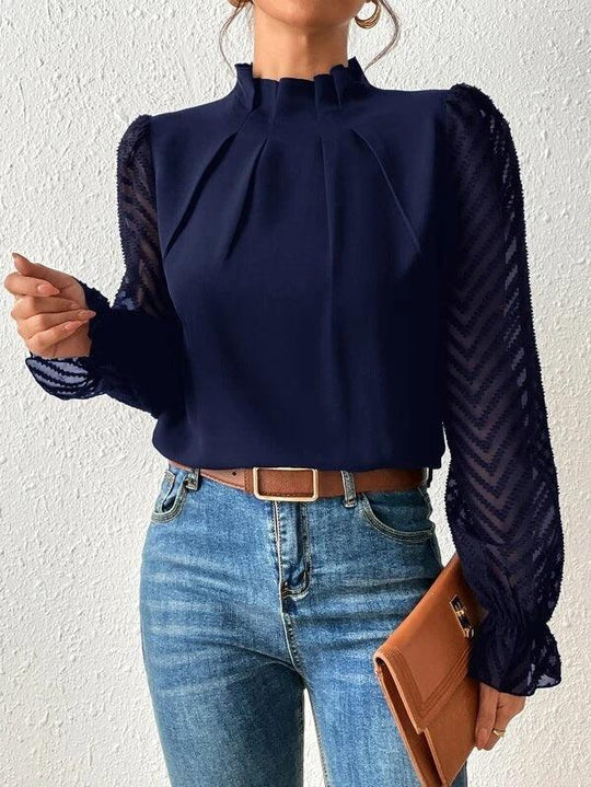 R&B | Bluse mit Plissiertem Kragen und Transparenten Ärmeln Stilvoll und Feminin
