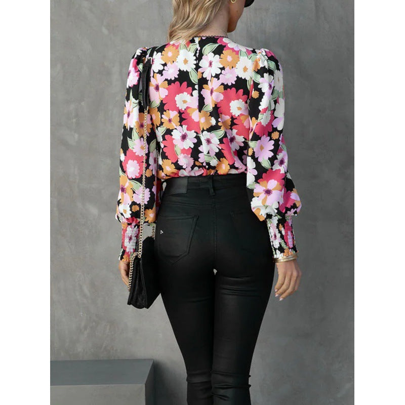 Damen Blumenbluse mit voluminösen Ärmeln R&B