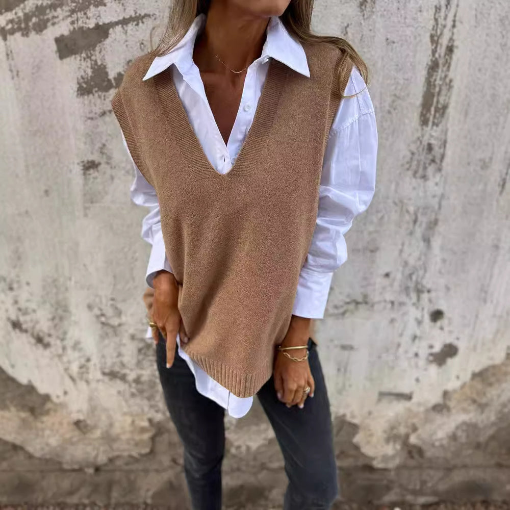 Damen lässiger Strickpullover mit V-Ausschnitt R&B