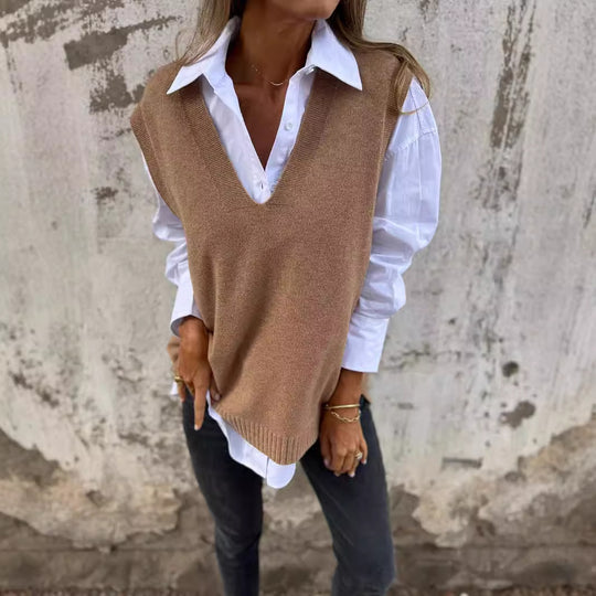 Damen lässiger Strickpullover mit V-Ausschnitt R&B