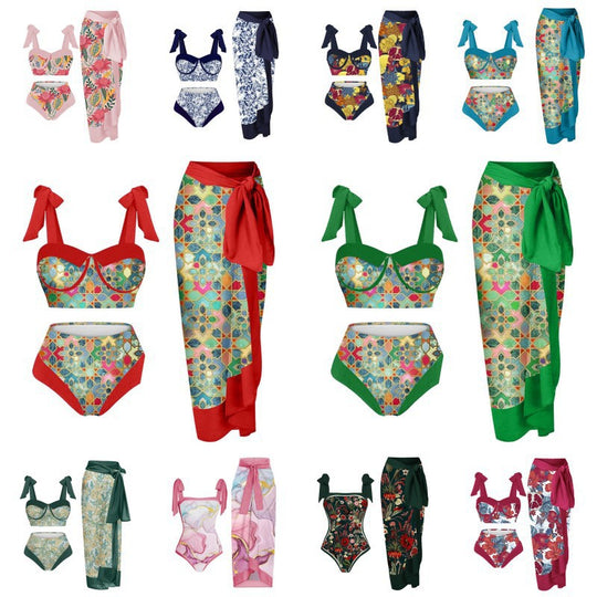 Damen Einteiler Badeanzug mit elegantem Wickelrock und modischen Riemen R&B