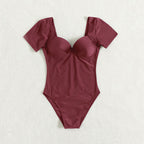 Damen Einteiler Badeanzug mit elegantem Bustier-Schnitt und kurzen Ärmeln