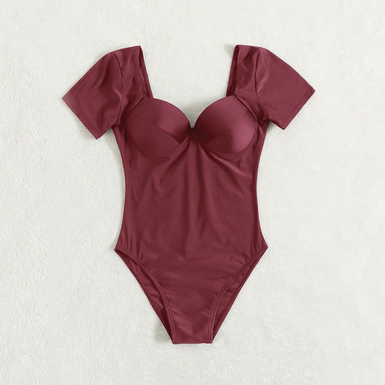 Damen Einteiler Badeanzug mit elegantem Bustier-Schnitt und kurzen Ärmeln R&B