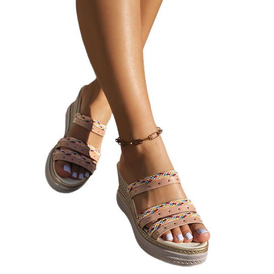 Damen Wedge-Sandaletten mit bunten Zierbändern und rutschfester Sohle R&B
