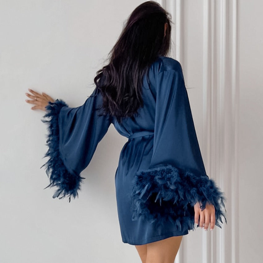 Damen Satin Kimono mit Federn R&B