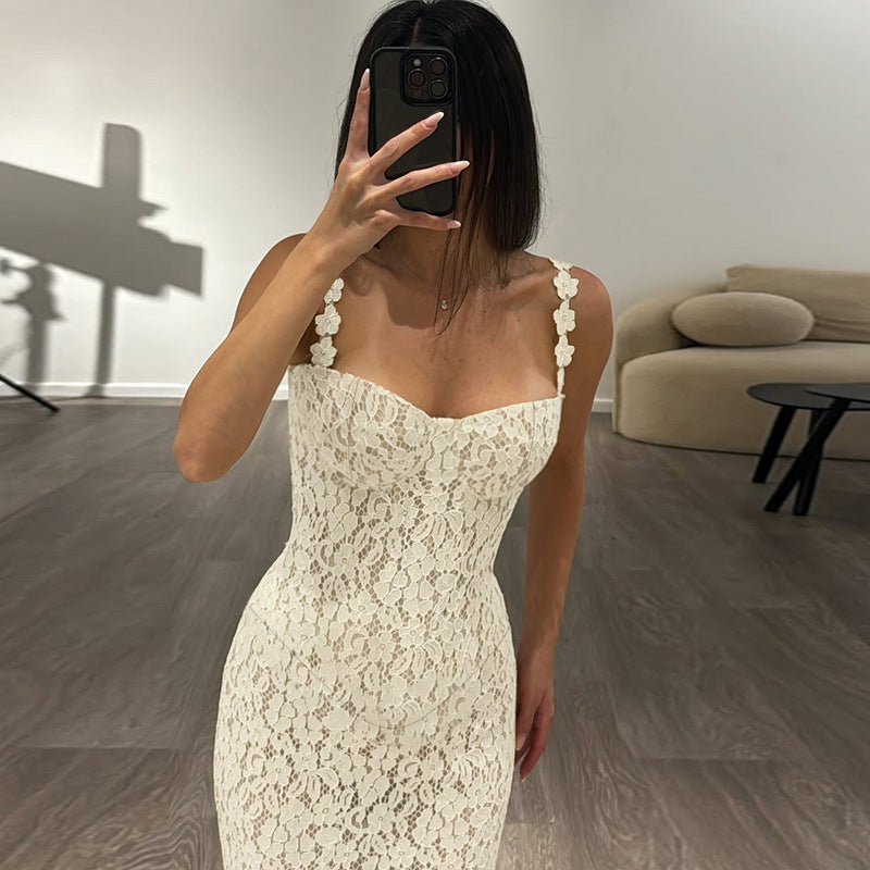 Damen Elegantes Spitzen-Spaghettiträgerkleid mit femininer Silhouette R&B