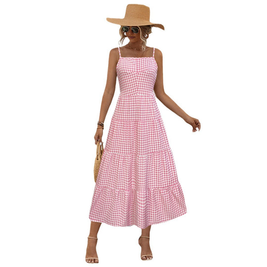 Damen Maxikleid im karierten Design mit Taillenakzent und Rüschensaum R&B
