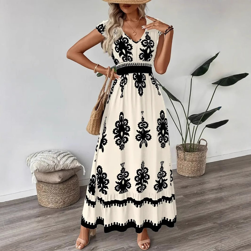 Damen Maxikleid mit V-Ausschnitt und einzigartigem floralem Design R&B