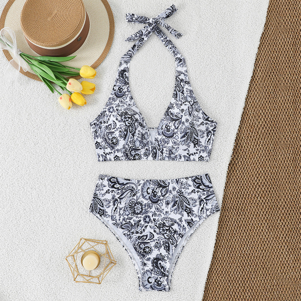 Damen Hochtailliertes Bikini-Set mit floralem Design und verspieltem Halteroberteil R&B