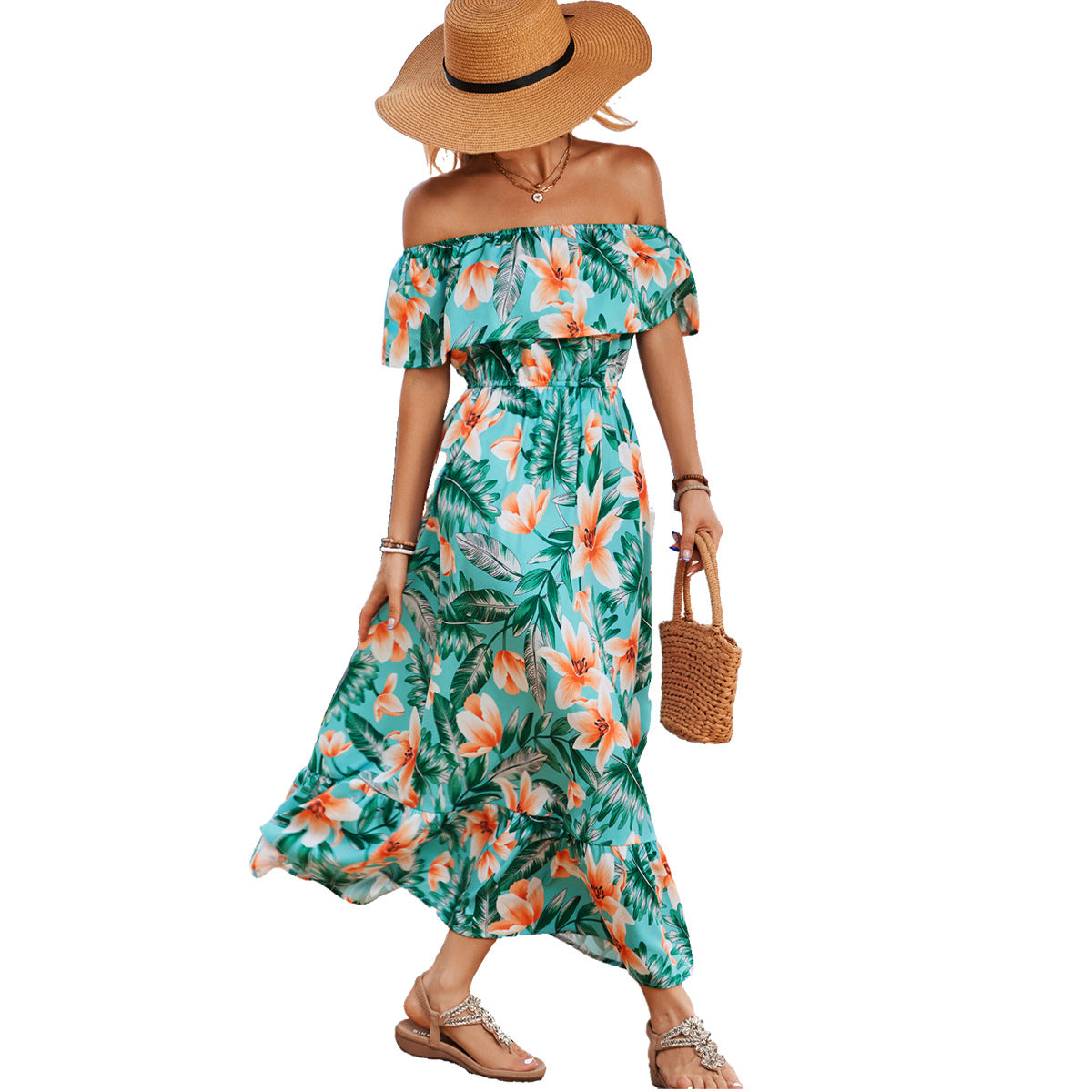 Damen Off-Shoulder Maxikleid mit floralem Design und elastischem Taillenbund R&B