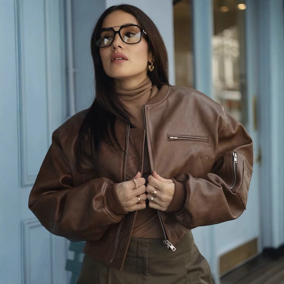 Damen cropped Kunstlederjacke mit Reißverschluss und praktischen Taschen R&B