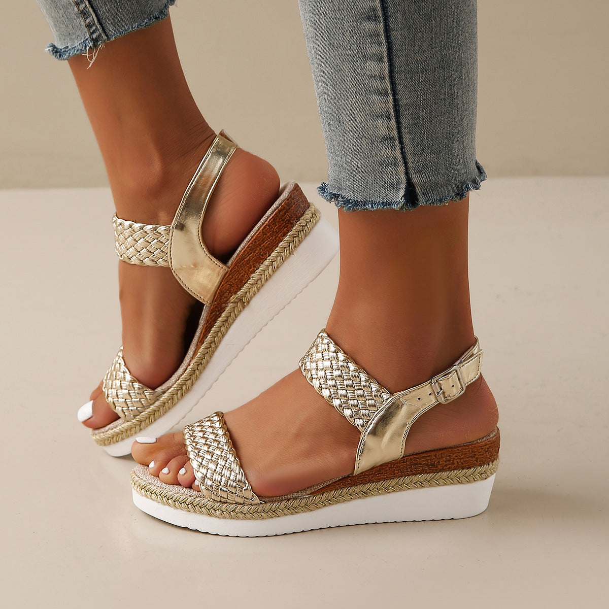 Damen Wedge-Sandalen mit geflochtenem Riemen und rutschfester Sohle R&B