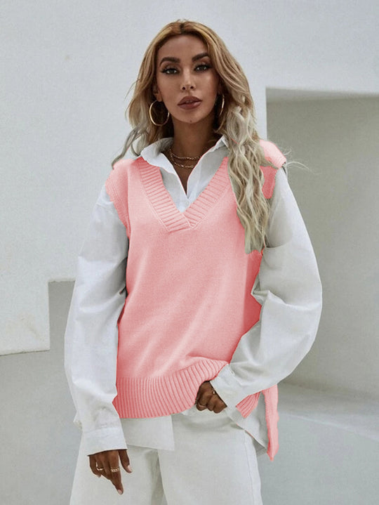 Damen Strickweste mit V-Ausschnitt und breitem Rippdesign R&B