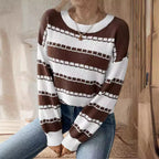 Damen lässiger, gestreifter Pullover mit einem komfortablen Schnitt und dekorativen Details R&B