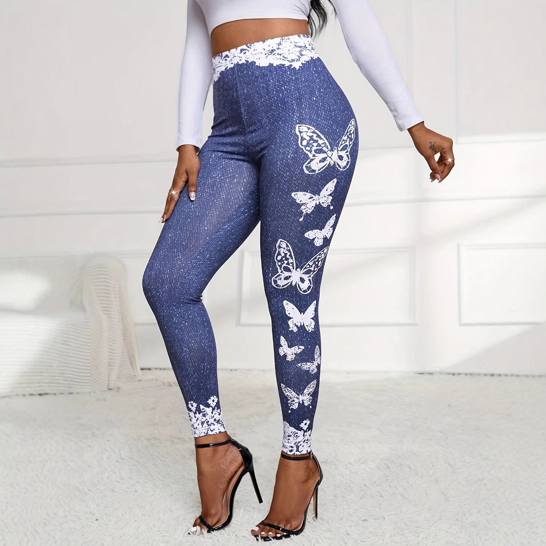 Damen Leggings mit floralem Spitzenbund und schmetterlingsmotiv