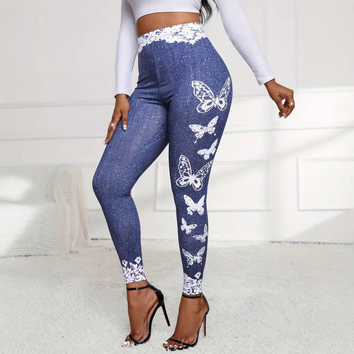 Damen Leggings mit floralem Spitzenbund und schmetterlingsmotiv R&B